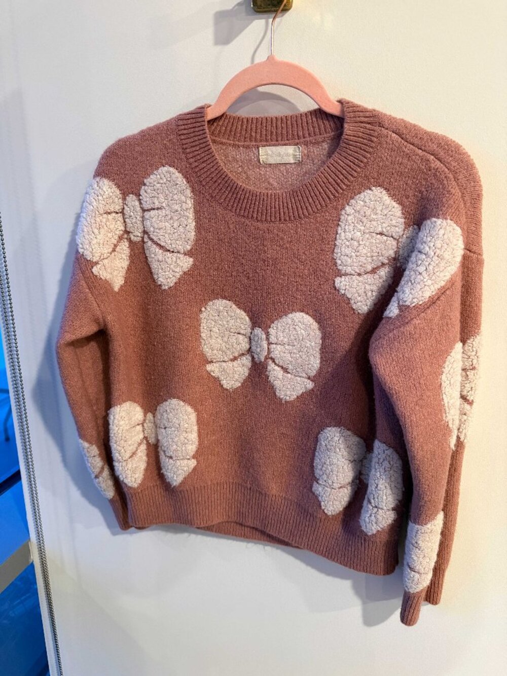 Altar'd State Mauve Knit Sweater XS Sherpa Bow Appliqué Coquette Oversized